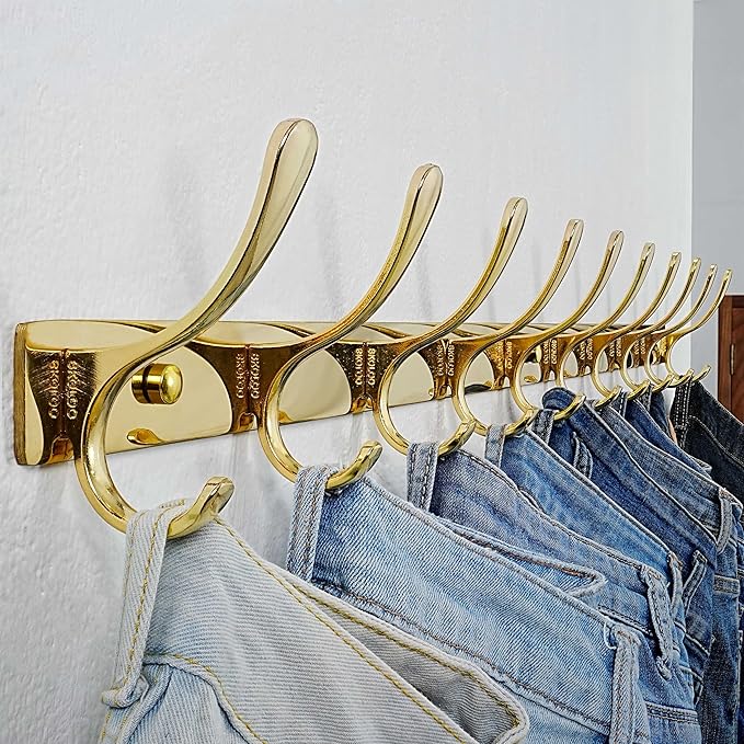 SKOLOO Coat Rack Wall Mounted - 10 Hooks, Pack of 2, Heavy Duty, Stainless Steel, Metal Wall Hangers, Sturdy Coat Hooks for Hanging Coats, Jacket, Clothes, Hat, Bright Gold