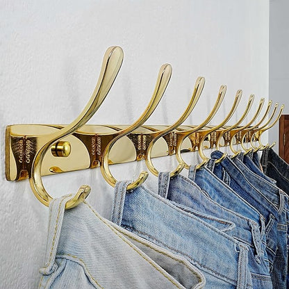 SKOLOO Coat Rack Wall Mounted - 10 Hooks, Pack of 2, Heavy Duty, Stainless Steel, Metal Wall Hangers, Sturdy Coat Hooks for Hanging Coats, Jacket, Clothes, Hat, Bright Gold