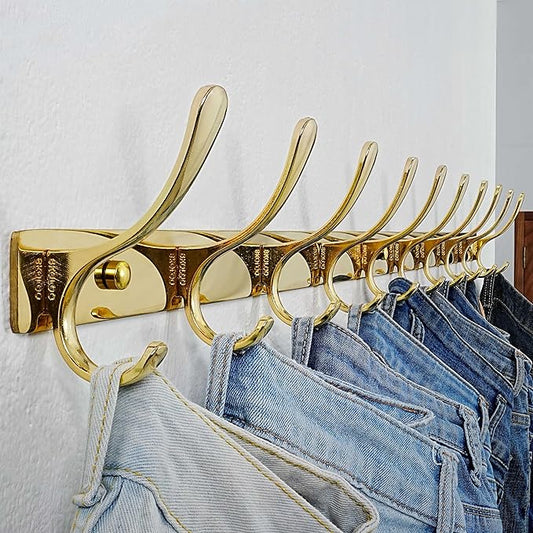 SKOLOO Wall Mounted Coat Rack - 10 Hooks, Heavy Duty, Stainless Steel, Metal Wall Hangers, Sturdy Coat Hooks for Hanging Coats, Jacket, Clothes, Hat, Bright Gold