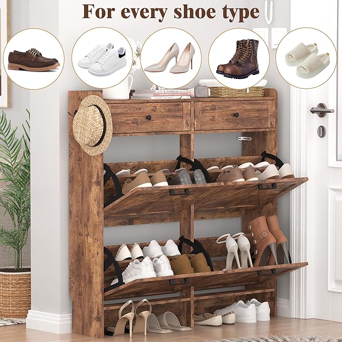 Shoe Cabinet with 4 Flip Drawers & 2 Storage Drawers, Rustic Farmhouse Narrow Shoe Organizer Cabinet, Slim Shoe Rack Cabinet, Shoe Storage Cabinet for Entryway, Hallway, Front Door