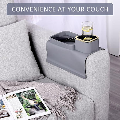 HMASYO Couch Cup Holder Tray - Silicone Sofa Armrest Table Couch Drink Holder and Tray Organizer for Remote Snacks Cellphone, Anti-Spill Anti-Slip Design, Gifts for Family Mom Dad Grandma