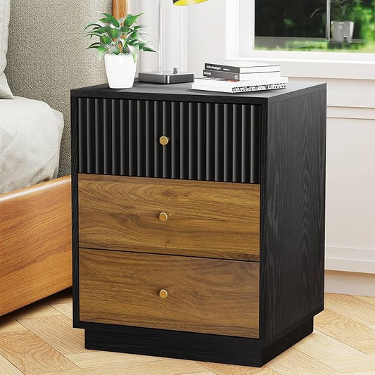 23.6" Tall Night Stand with 3 Storage Drawers, Fluted Nightstand with Metal Handles, Modern End Table Bedside Table Chest for Bedroom, Black and Walnut