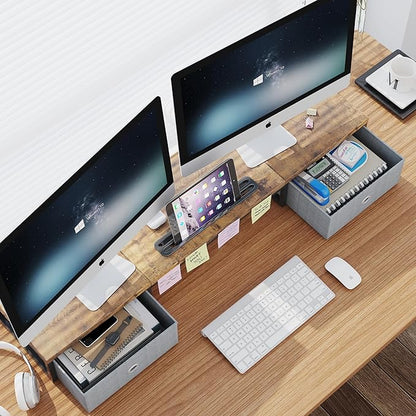 Mexin Dual Monitor Stand Riser with 2 Drawers - 39Inch Large Storage Computer Monitor Stands for 2 Monitors, Wooden Desktop Organizer Perfect for Home Office Desk, Computer, Laptop, TV, Rustic Brown