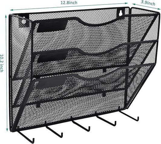 EASEPRES 3 Pocket Mesh Hanging File Organizer with Key Holder Hooks & Nametag Label, Wall Mounted Mail Paper Document Folder Clipboard Storage Organization Magazine Rack for Office Cubicle, Black