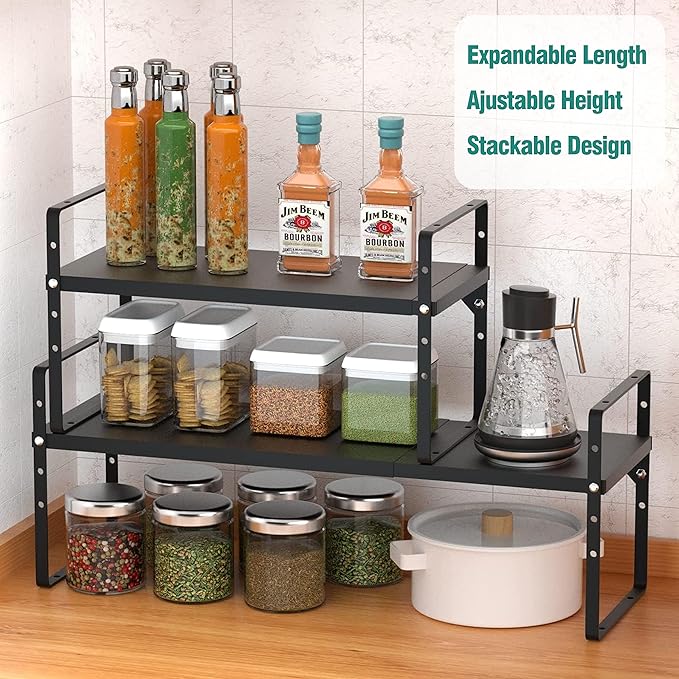 Expandable Cabinet Shelf Organizer Rack, Stackable Kitchen Counter Storage Shelves Stand, Adjustable Height Pantry Shelf Spice Rack, Heavy Duty Nonslip Black Large 2Pack
