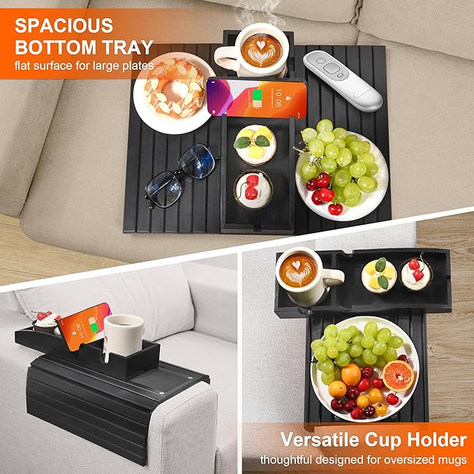 Joy&Grace Couch Cup Holder, 3-in-1 Magnetic Detachable Couch Arm Tray, Bamboo Sofa Armrest Table with Anti-Slip Pad, Sofa Armrest Tray Table (Black)