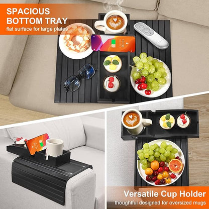 Joy&Grace Couch Cup Holder, 3-in-1 Magnetic Detachable Couch Arm Tray, Bamboo Sofa Armrest Table with Anti-Slip Pad, Sofa Armrest Tray Table (Black)