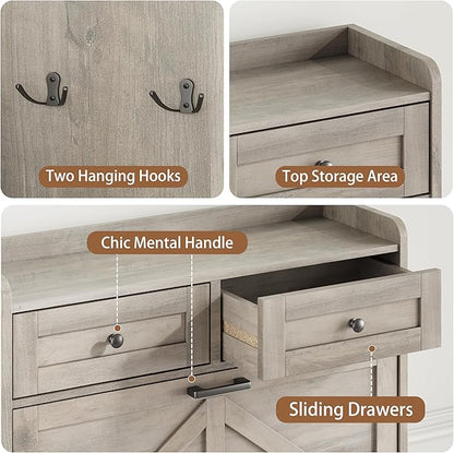 Shoe Cabinet with 2 Flip Drawers & 2 Top Drawers, 43" Tall Freestanding Narrow Wooden Shoe Storage Organizer for Entryway, Hidden Slim Shoe Rack for Front Door Entrance, Hallway, Living Room, Grey