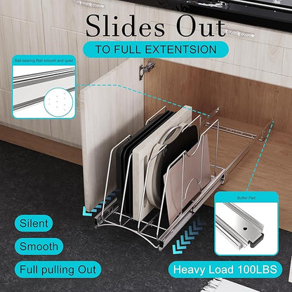 STORKING Pull Out Cookie Sheet Organizer for Cabinet, Pan and Pot, Cutting Board, Bakeware, Tray Organizer Rack, Sliding Rack- Heavy Duty, Adjustable Divider Width, 10" W x 22" D x 11" H, Chrome