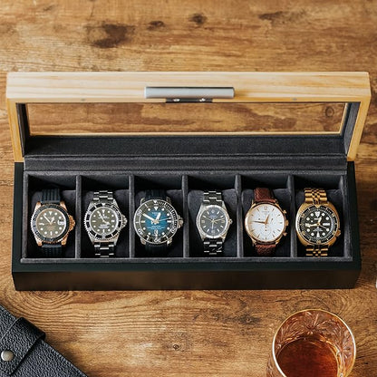 CASE ELEGANCE Two-Toned Pine and Black Base with Modern Aluminum Handle 6-Slot Watch Box with Real Glass