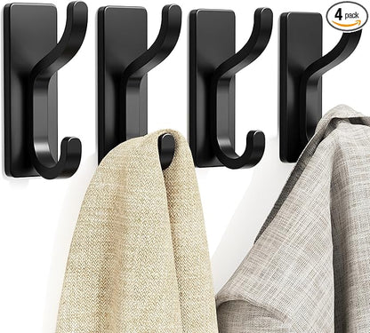 pickpiff Adhesive Wall Coat Hooks - Heavy Duty Stick-On Door Hanger, Metal Hook for Hanging Towel,Purse, Robe, Backpack, Jacket, Clothes - for Bathroom,Dorm, Closet, Kitchen - Black, 4 Pack