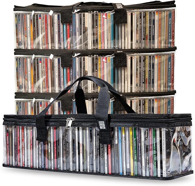 Made Easy Kit Clear View Media Storage Bag for CDs, & Video Game Cases- Protect Your Collection & Preserve The Quality of Your Cases - Stackable, Space-Saving, Fits 50 (Black CD, 4-Pack)