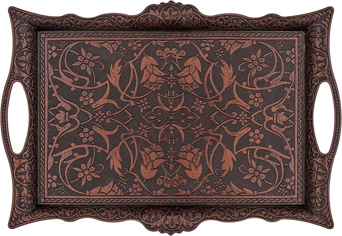 Alisveristime Ottoman Turkish Zamak Serving Tray with Traditional Motifs, Ideal for Coffee and Tea - Six Person Tray (14.5 x 9.85 in) (Copper)
