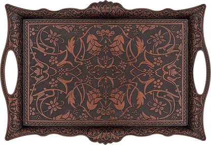 Alisveristime Ottoman Turkish Zamak Serving Tray with Traditional Motifs, Ideal for Coffee and Tea - Six Person Tray (14.5 x 9.85 in) (Copper)