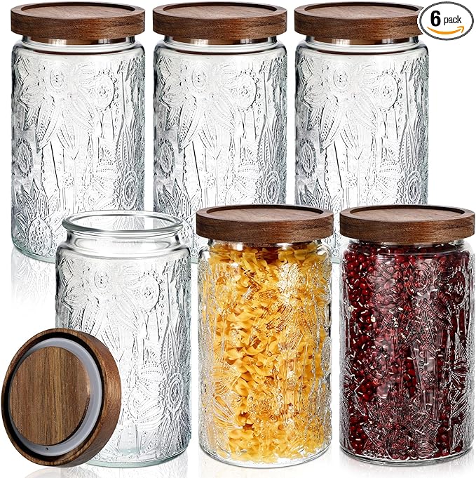 Domensi 6 Pcs Vintage Glass Jars 34 oz Glass Storage Jars with Lids Sunflower Pattern Airtight Storage Containers for Kitchen Counter, Pantry, Coffee Bean, Grains, Tea, Sugar, Flour, Candy, Oats