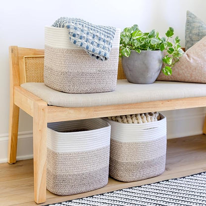 NaturalCozy Storage Cubes 11 Inch Cotton Rope Woven Baskets for Organizing, 3-Pack | Cube Storage Bin | Square Storage Baskets for Shelves Organizer, Classroom, Kids Toy Bins, Closet, Baby Nursery