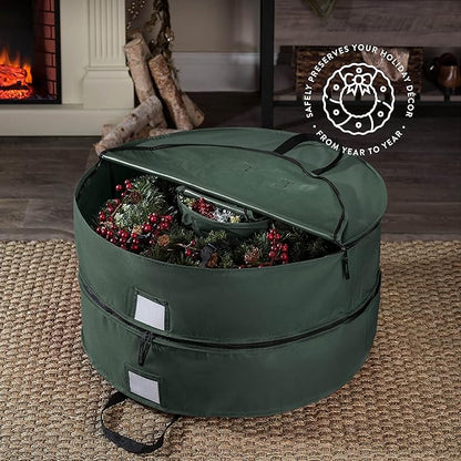 ZOBER Christmas Wreath Storage Container 30 Inch - Wreath Bag Fits 2 Wreaths Box - 600D Oxford Fabric - Interior Compartment for Storing Garlands, Wreaths Storage Bag W Strong Durable Handles - Green