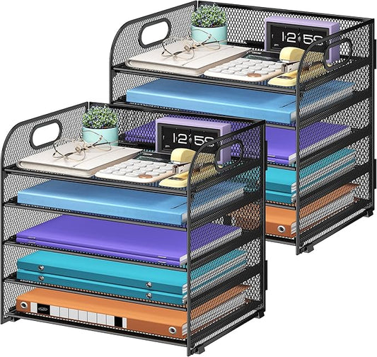 2 Pack 5 Tier Paper Organizer, Letter Tray with Handle, Mesh Desk Organizer, Metal File Organizer, Office Desk Accessories for Home, Office, Classroom, School -Black