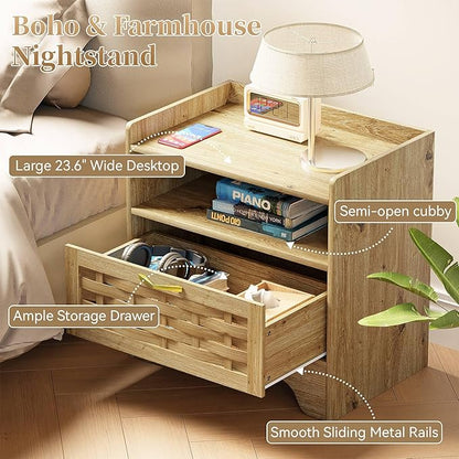 HOCAT 24" Rattan Nightstand Set of 2, Oak Bedside Table with Semi Open Cubby, Boho Night Stand with Farmhouse Arched Base for Bedroom, Side Table, End Table for Dorm