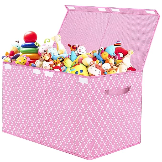 VERONLY Toy Box Chest Organizer Bins for Girls Boys, Kids Large Fabric Collapsible Storage Basket Container with Flip-Top Lid & Handles for Clothes,Blanket,Nursery,Playroom,Bedroom (Pink)
