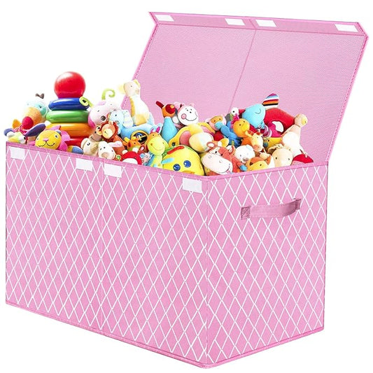 VERONLY Toy Box Chest Organizer Bins for Girls Boys, Kids Large Fabric Collapsible Storage Basket Container with Flip-Top Lid & Handles for Clothes,Blanket,Nursery,Playroom,Bedroom (Pink)