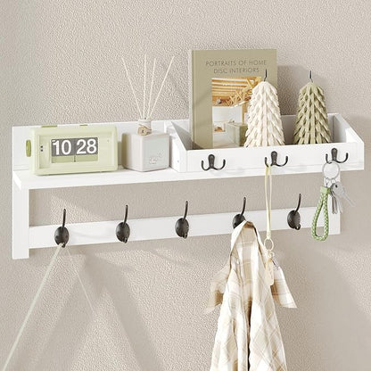 AMBIRD Wall Hooks with Shelf, 26.57 Inch Entryway Wood Coat Hooks for Wall, Coat Rack Wall Mount with 5 Dual Hooks 3 Key Hooks Mail Organizer and Key Rack Holder (White)