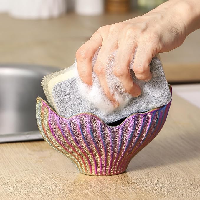 Uiddo Sponge Holder for Kitchen Sink, Ceramic Dish Sponge Holder with Fishtail Design, Sink Caddy Organizer for Countertop, Farmhouse Kitchen Decor, Compact Counter Dish Caddy (Rainbow)