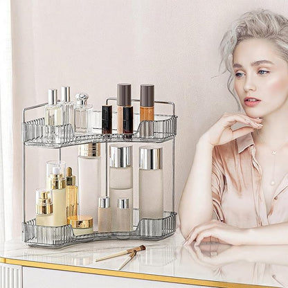 INVSSENE Corner Bathroom Countertop Organizer, 2 Tiers Vanity Trays for Counter, Makeup Organizers, Perfume Tray, Kitchen Spice Rack, Smoky Gray