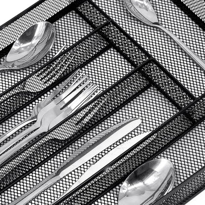 Neudeco Silverware Drawer Organizer Holder, Cutlery Tray Silverware Flatware Storage Divider for Kitchen, Bedroom, Living Room,Mesh Wire with Non-slip foam Feet, 5 Compoment（Black）