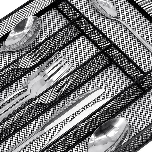 Neudeco Silverware Drawer Organizer Holder, Cutlery Tray Silverware Flatware Storage Divider for Kitchen, Bedroom, Living Room,Mesh Wire with Non-slip foam Feet, 5 Compoment（Black）