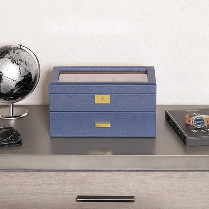 ROTHWELL 20 Slot Leather Watch box - Luxury Case Display Jewelry Organizer, - Locking Display Case Holder with Large Real Glass Top - Watch Box Organizer for Men and Women (Blue/Tan)