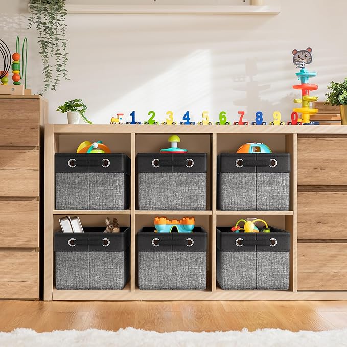 Sorbus Fabric Storage Cubes 15 Inch- Big Sturdy Collapsible Canvas Storage Bins with Dual Handles- Foldable Closet Cubes- Decorative Storage Baskets for Shelves | Home & Office Use- 3 Pack| Grey/Tan