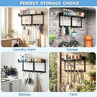 Heavy Duty Broom Holder Wall Mount with Grid Shelf, 5 Adjustable Hooks & Vacuum Hanger | All-in-One Cleaning Supplies Organizer for Laundry Room, Garage, Kitchen Storage