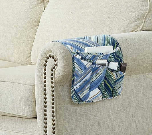 Brilliant Sunshine Teal Herringbone Patchwork Couch Armrest 5 Pockets Organizer, Slip Resistant Armchair Caddy, Washable Remote Controls Holder, Storage for Magazine, Tablet, Phone, iPad, Glasses,Teal