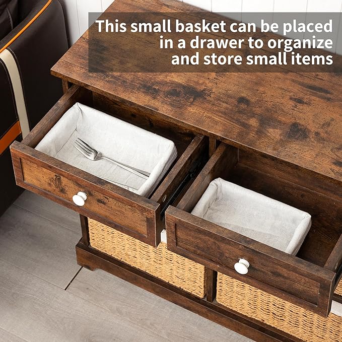Small Storage Basket With Liner,Wicker Decorative Basket for coffee table,RectangleTray,Bathroom Countertop Organizer，rectangle Kitchen Drawer Organizer Storage Set of 2 Brown
