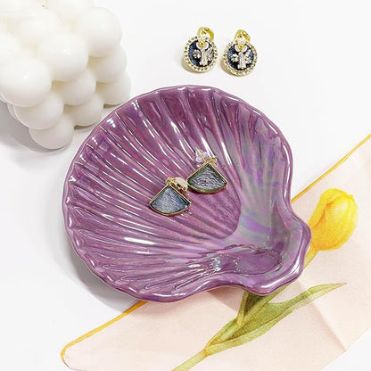 Shell Jewelry Ring Holder Dish, Seashell Jewelry Dish Tray, Ceramic Jewelry Plate Bowl, Engagement Trinket Dish, Wedding Birthday Mother's Day Christmas Gift for Women, 3.9", Purple Iridescent Surface