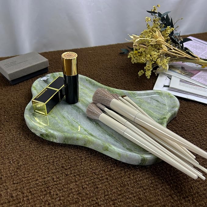 Natural Marble Decorative Tray, Cloud Shape, Modern Style, Polished Finish, Bathroom Kitchen Counter Vanity Organizer (Green-Marble-Diagonal)