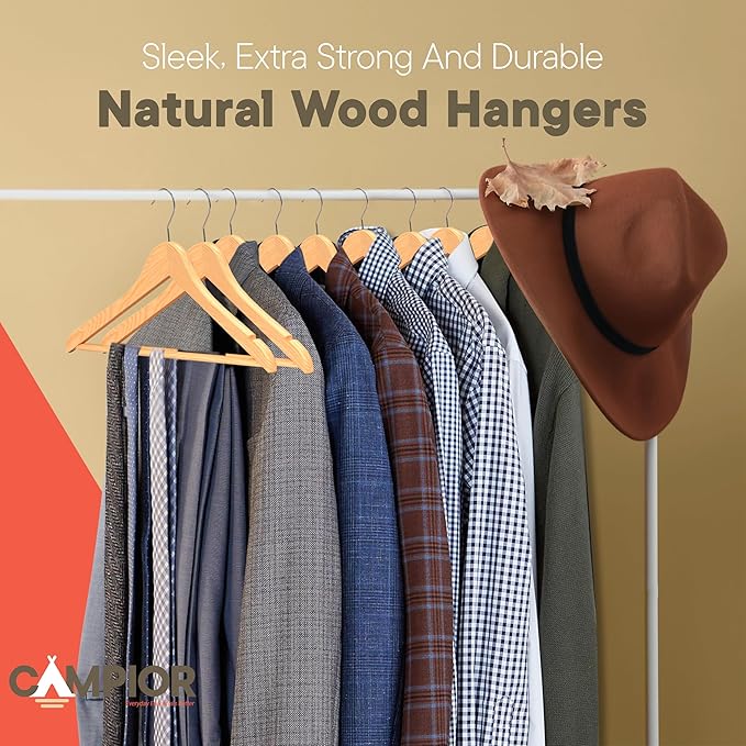 Natural Wooden Hangers 20 Pack – Heavy-Duty with 360° Swivel Hook, Non-Slip, Pants Bar & Shoulder Grooves - Wooden Hangers for Suits, Jackets, Dresses & Camisoles, Space-Saving and Smooth Finish
