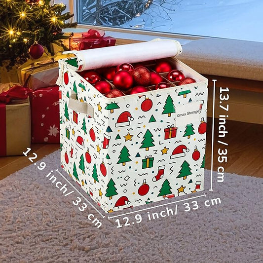 VENO 2 Pack Christmas Ornament Storage Box, Stores up to 64 Holiday Ornaments, Adjustable Dividers, Zippered Top, Storage bins with lids for holiday decorations-3 Inch Cube Compartments (Jingle Mix)