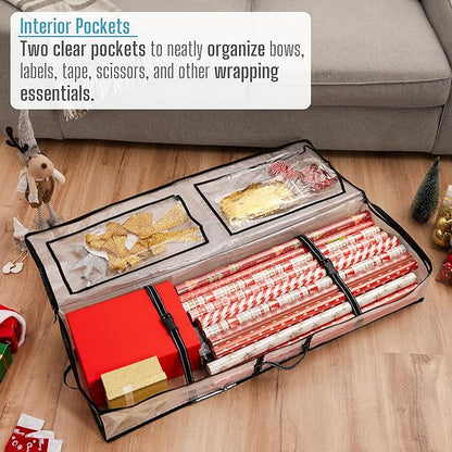 VENO 2 Pack Clear Wrapping Paper Organizer Storage Box for Christmas Gift Bags and Holiday Accessories, Underbed Storage Container with Interior Pockets, 40 Inches Long Fits 24 Rolls (2 Pack)