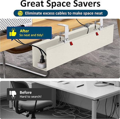 28" Small Under Desk Cable Management Tray No Drill, Compact Clamp On Cord Organizer for Dorm & Small Desk, Anti-Sag Oxford Fabric Wire Hider, Power Strip Holder (Beige, 28.6")