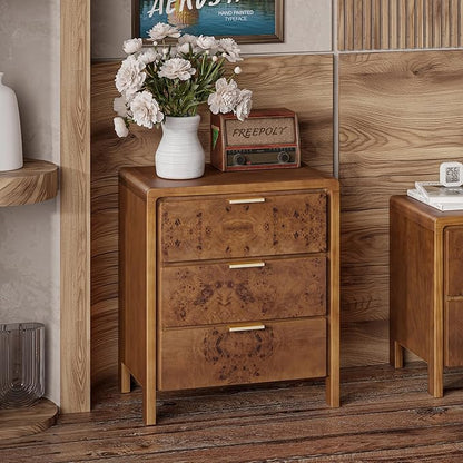 COZAYH Farmhouse Nightstand Set of 2 with 3 Drawer, Distressed Wood Rustic Accent Dresser, Burl Finish Bedside Table for Bedroom, Entryway, Fully Assembled, Brown
