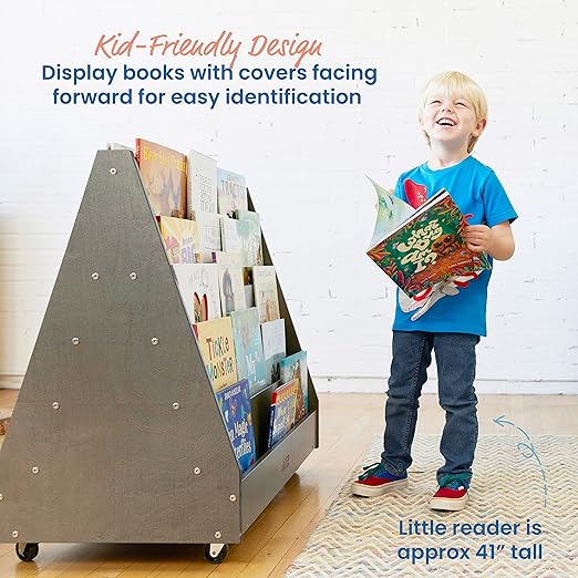 ECR4Kids Double-Sided Wooden Mobile Book Display and Storage, Montessori Furniture, Grey Wash
