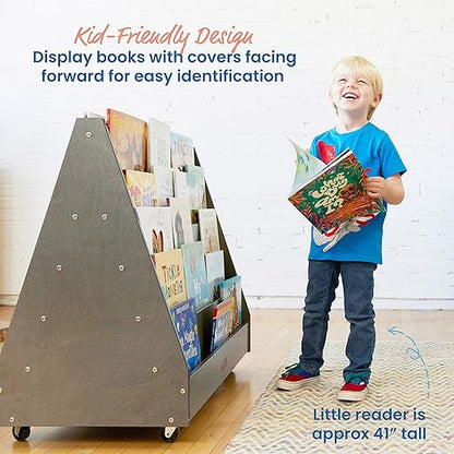 ECR4Kids Double-Sided Wooden Mobile Book Display and Storage, Montessori Furniture, Grey Wash