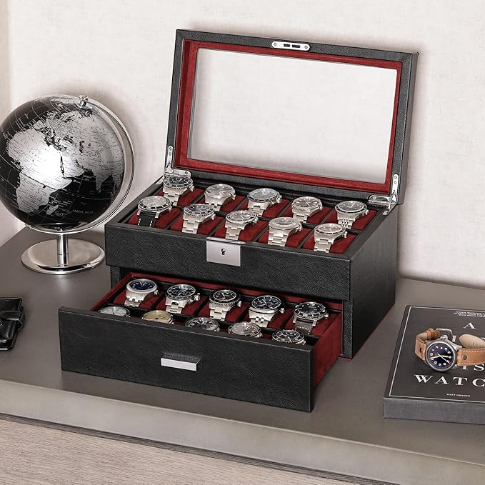 ROTHWELL 20 Slot Leather Watch box - Luxury Case Display Jewelry Organizer, - Locking Display Case Holder with Large Real Glass Top - Watch Box Organizer for Men and Women (Black/Red)
