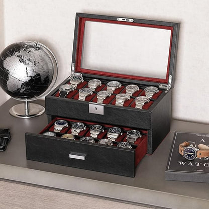 ROTHWELL 20 Slot Leather Watch box - Luxury Case Display Jewelry Organizer, - Locking Display Case Holder with Large Real Glass Top - Watch Box Organizer for Men and Women (Black/Red)