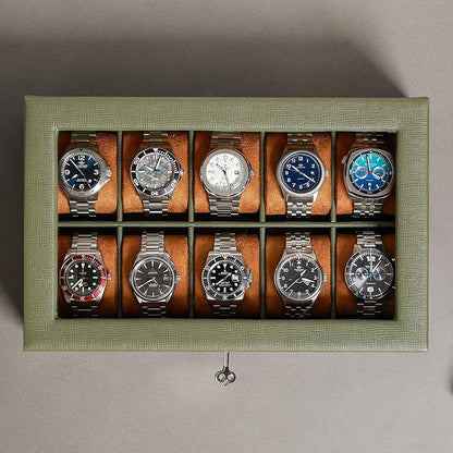 ROTHWELL 10 Slot Leather Watch Box - Luxury Case Display Jewelry Organizer - Locking Watch Display Case Holder with Large Glass Top - Box Organizer for Men and Women (Green/Tan)