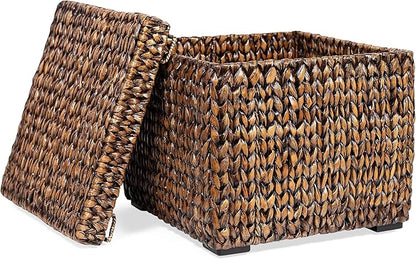 BIRDROCK HOME Storage Cube Box with Lid - Brown Wash Seagrass - Hand Woven Container for Blankets Pillows - Sturdy Metal Frame