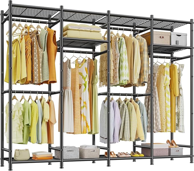 Raybee Portable Closet,Clothes Rack with 6 Hang Rods & 10 Shelves,Clothing Racks for Hanging Clothes,Metal Garment Rack for Bedroom,Large Capacity,Adjustable,Stury 77.9" W x 15.7" D x 76.8" H Black