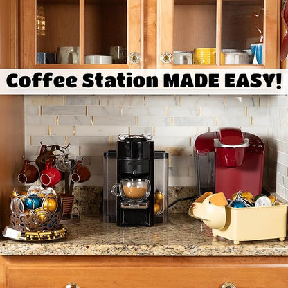 Made Easy Kit Coffee Pod Organizer Compatible with Nespresso Vertuo and Original - Countertop Sculpture Holder Basket Style for Café Bar, Corner Station Office Break Area (Dog Brown Square)